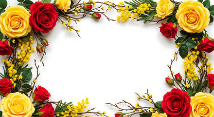 Elegant floral frame of vibrant red and yellow roses with delicate yellow mimosa flowers and branches on a white background