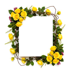 Vibrant yellow roses and fresh green foliage artfully frame a pristine white blank card, ideal for custom text and designs.