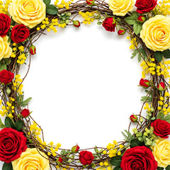 Floral wreath frame with vibrant red and yellow roses, delicate mimosa blooms and greenery on a clean background