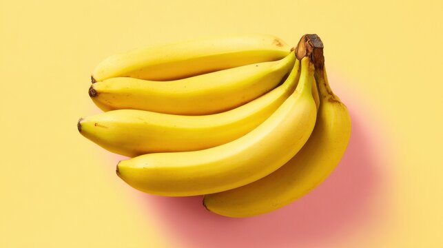 A bunch of ripe bananas is arranged on a bright yellow background, creating an inviting and fresh look.