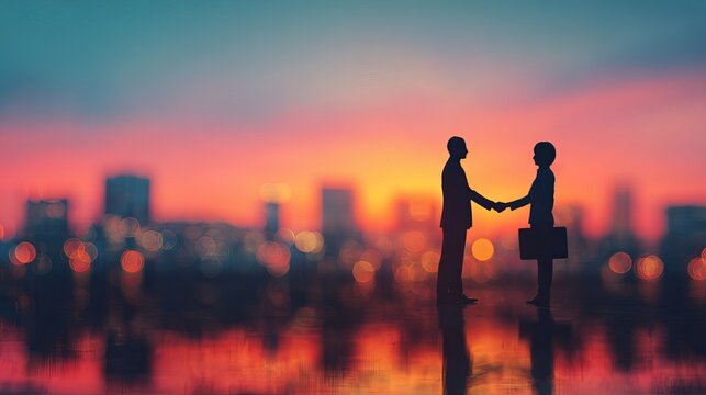 Successful business deal sealed with a handshake at sunset overlooking a vibrant city skyline, symbolizing partnership and achievement