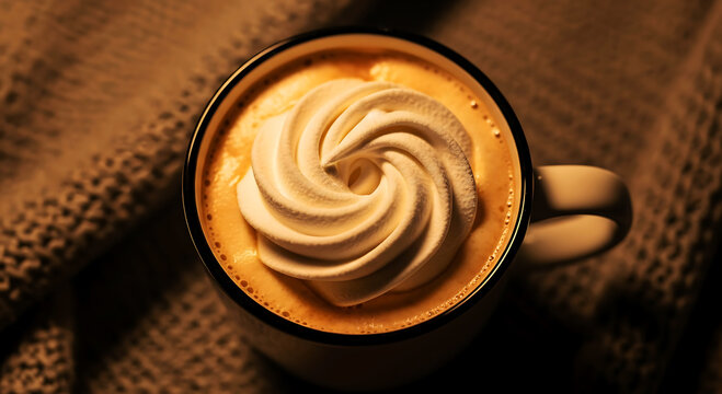 Overhead view of a cozy mug of creamy hot coffee with a luxurious swirl of whipped topping on a textured blanket. - Powered by Adobe