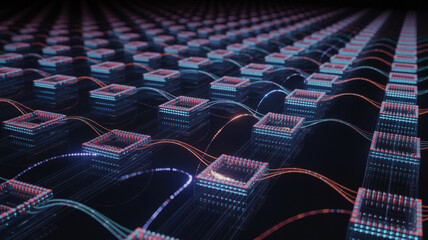 Abstract digital data stream visualization showing network connections, data flow, and a futuristic information processing system. Ideal for tech, AI, and IT concept designs. 3d Rendering