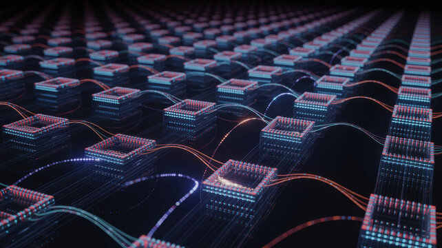 Abstract digital data stream visualization showing network connections, data flow, and a futuristic information processing system. Ideal for tech, AI, and IT concept designs. 3d Rendering