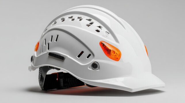 A white safety helmet rests on a flat surface, showcasing its sturdy design and bright reflective features, typically worn by workers in construction sites for protection.
