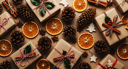 Festive overhead view of neatly wrapped christmas gifts, dried oranges, pinecones, and aromatic spices on a warm background.