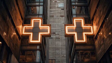 Dramatic illuminated medical cross symbols against architectural backdrop, ideal for healthcare, clinic, and emergency services branding