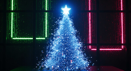 Futuristic sparkling blue christmas tree with a radiant star, flanked by vibrant green and red glowing frames, abstract holiday joy