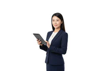 Fototapeta premium Businesswoman in formal attire holding tablet isolated