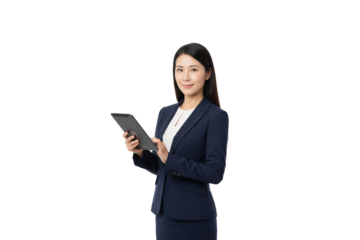 Businesswoman in formal attire holding tablet isolated