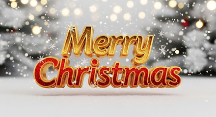 Merry christmas 3d golden and red text with glittering snowflakes on a festive snowy bokeh background