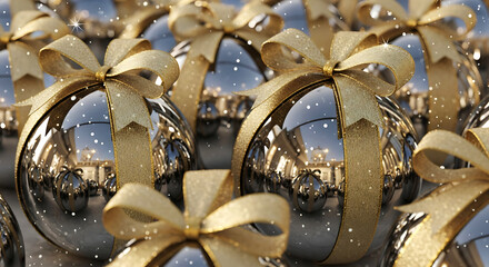Elegant silver christmas ornaments adorned with golden bows and glistening snow effect, festive luxury holiday decor.