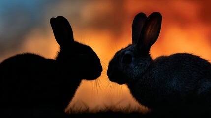 Two rabbits silhouetted against a stunning sunset sky create a captivating scene of nature and connection for animal lovers everywhere