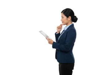 Thoughtful businesswoman using tablet device isolated