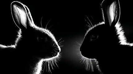 Two hares face each other in dramatic, high contrast silhouette, revealing delicate fur detail and intense, watchful eyes against a deep black background.