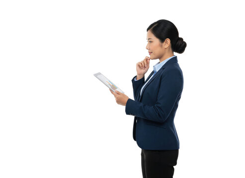 Thoughtful businesswoman using tablet device isolated
