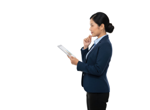 Thoughtful businesswoman using tablet device isolated