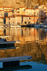 Fototapeta premium Portopiccolo seaside resort and marina during an autumn sunset, on the Trieste coast, Italy
