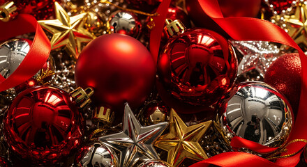 Gleaming red and silver christmas ornaments, golden stars, and vibrant ribbon creating a joyful holiday backdrop scene.