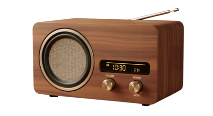 A classic retro-style wooden radio receiver with a digital display, tuning knobs, and antenna, isolated on a clean transparent background