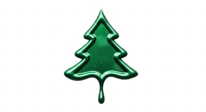 Shining emerald green christmas tree rendered with a liquid paint texture and a prominent drip, perfect for festive holiday designs and seasonal promotions. isolated on transparent background