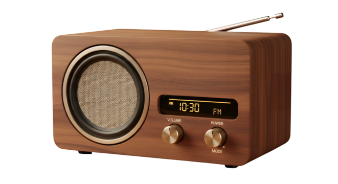 A classic retro-style wooden radio receiver with a digital display, tuning knobs, and antenna, isolated on a clean transparent background