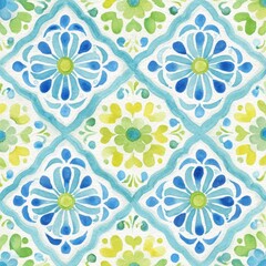 Vibrant watercolor illustration showcases detailed floral patterns in shades of blue and green, perfect for backgrounds, textiles, or artistic projects that require a lively touch