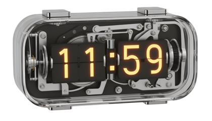 A detailed vintage-style mechanical flip clock with exposed gears and a transparent case, showing the final minute of 1159, isolated on a clean transparent background