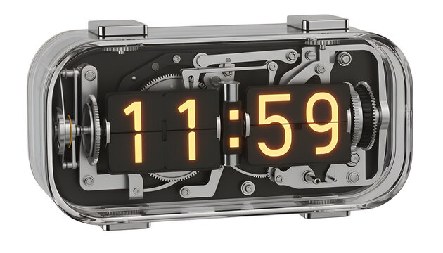 A detailed vintage-style mechanical flip clock with exposed gears and a transparent case, showing the final minute of 1159, isolated on a clean transparent background - Powered by Adobe