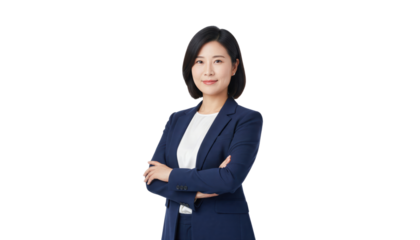 Confident businesswoman in navy suit with arms crossed isolated