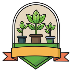 Flat Design Emblem with Potted Plants and Ribbon Banner logo badge