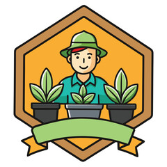 Gardener with plants and premium banner in hexagonal badge person shirt