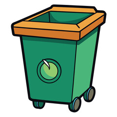 Green cartoon trash bin with orange lid and wheels on white background garbage container