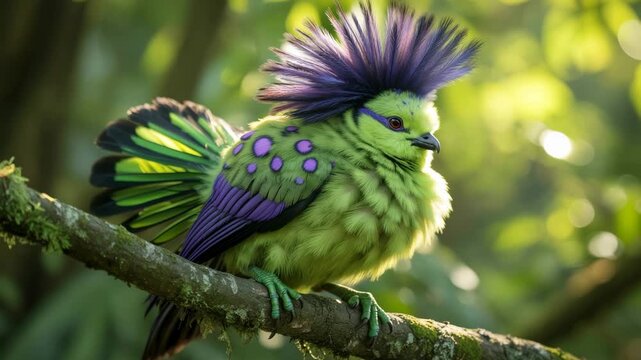A vibrant green bird with purple mohawk perched on a mossy branch