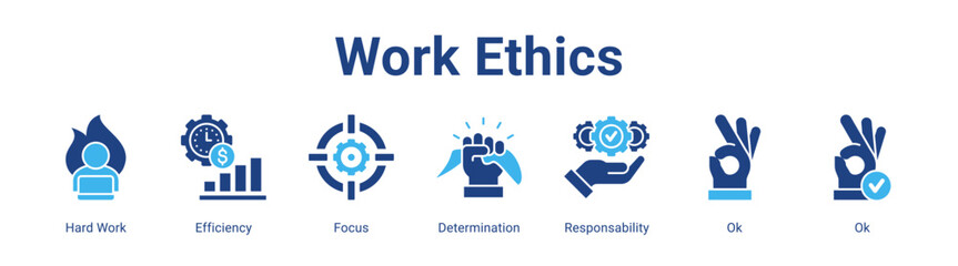 Work Ethics web banner icon vector illustration concept featuring Hard Work, Efficiency, Focus, Determination, Responsability, Ok and Ok in a collection set.