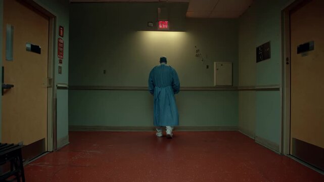 Healthcare professional assessing hospital safety measures inspecting emergency exits and sanitization procedures in a medium shot.