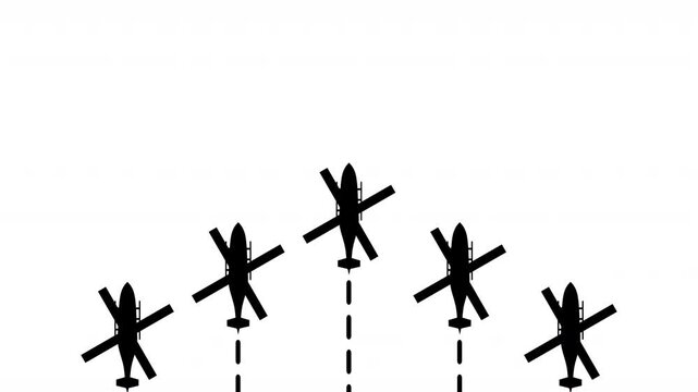 5 helicopter with dotted flight up path animation on white background. 4k video dashed line path route animation