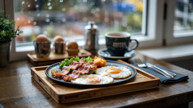 A breakfast tray with bacon and eggs arrives on a rany day