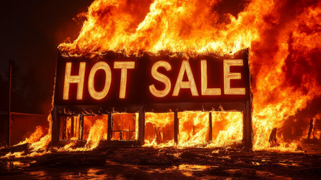 A large sign with "HOT SALE" is engulfed in flames in a dramatic scene. Concept of intense deals or urgency. For dramatic promotion of sales events.