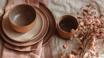 Rustic pottery pieces arranged on soft linen with delicate dried flowers evoking a warm atmosphere.
