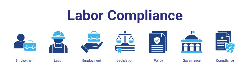 Labor Compliance web banner icon vector illustration concept featuring Employment,Labor,Employment,Legislation,Policy,Governance and Compliance in a collection set.