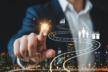 Businessman touching glowing idea bulb, charting path to success