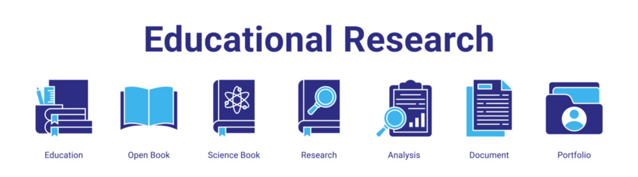 Educational Research web banner icon vector illustration concept featuring Education,Open Book,Science Book,Research,Analysis,Document and Portfolio in a collection set.