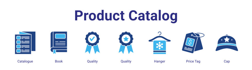 Product Catalog web banner icon vector illustration concept featuring Catalogue,Book,Quality,Quality,Hanger,Price Tag and Cap in a collection set.