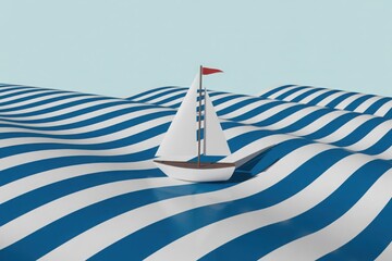 Minimalist sailboat navigates a graphic striped ocean design