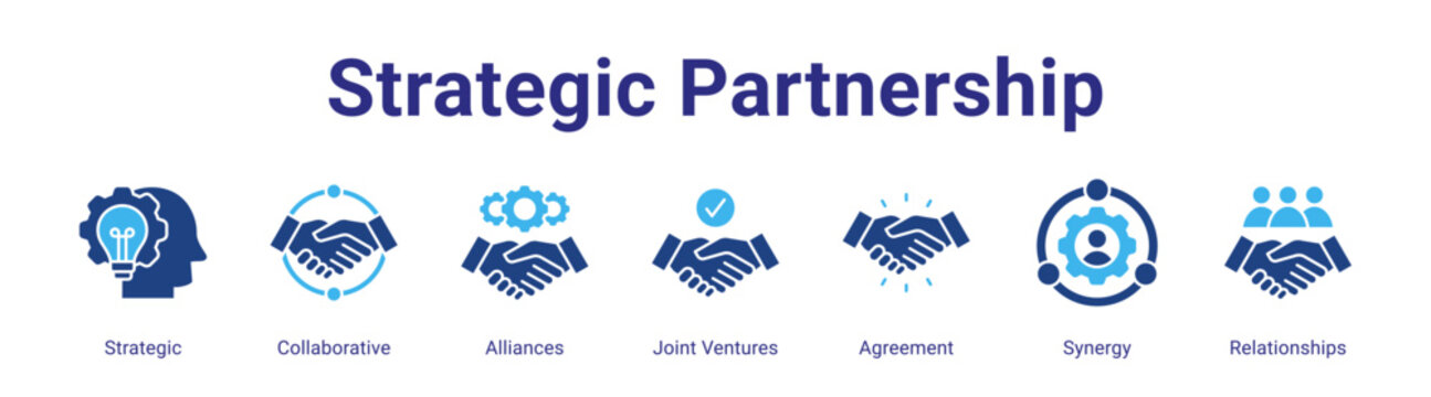 Strategic Partnership web banner icon vector illustration concept featuring Strategic,Collaborative,Alliances,Joint Ventures,Agreement,Synergy and Relationships in a collection set.