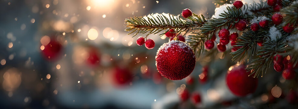 christmas and new year holidays concept. Red balls on fir branches, winter snowy backdrop. festive winter season background. template for design. banner, copy space - Powered by Adobe