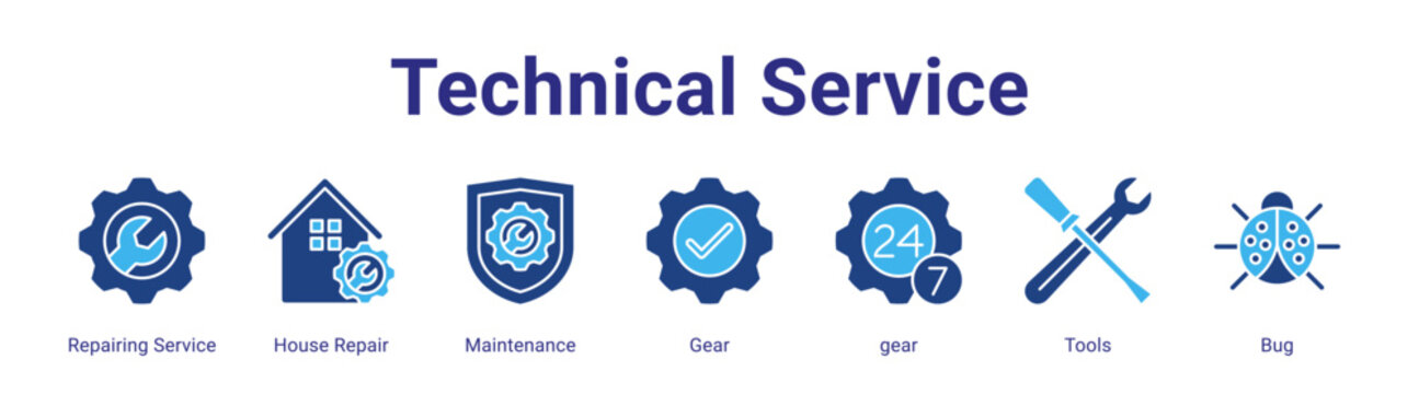 Technical Service web banner icon vector illustration concept featuring Repairing Service,House Repair,Maintenance,Gear,gear,Tools and Bug in a collection set.