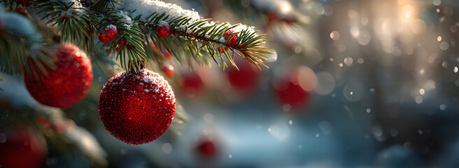 christmas and new year holidays concept. Red balls on fir branches, winter snowy backdrop. festive winter season background. template for design. banner, copy space