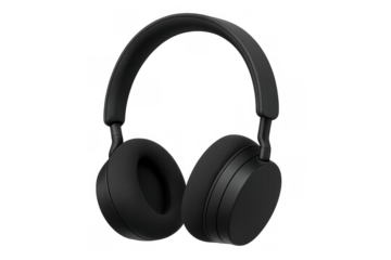 Black wireless over–ear headphones offering personal audio experience, listening to music or podcasts, with a transparent background
